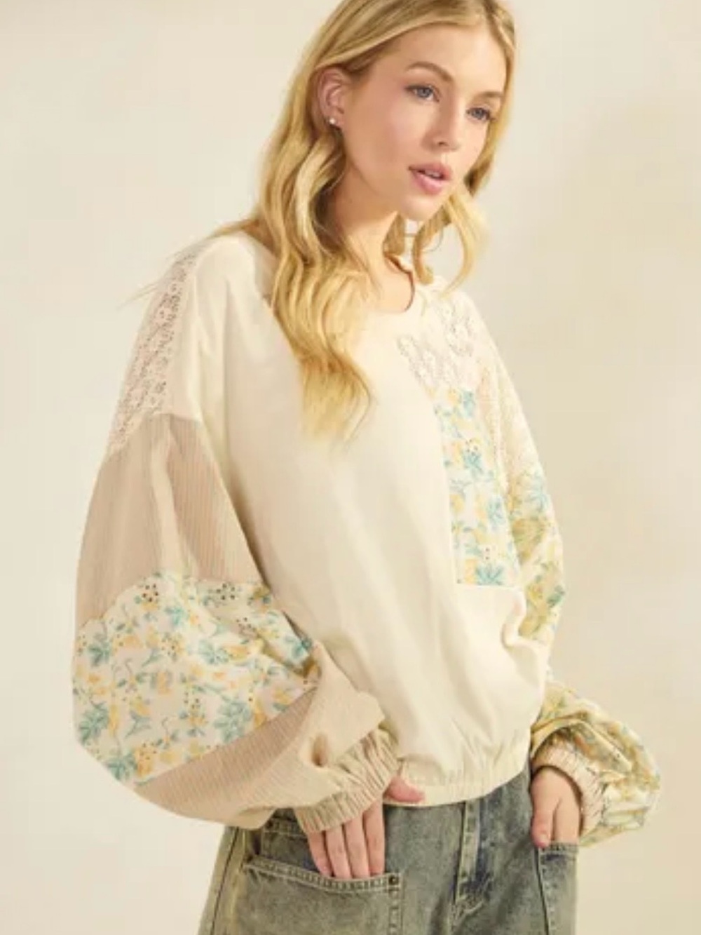 mittoshop Cream Patchwork Balloon-Sleeve Sweatshirt